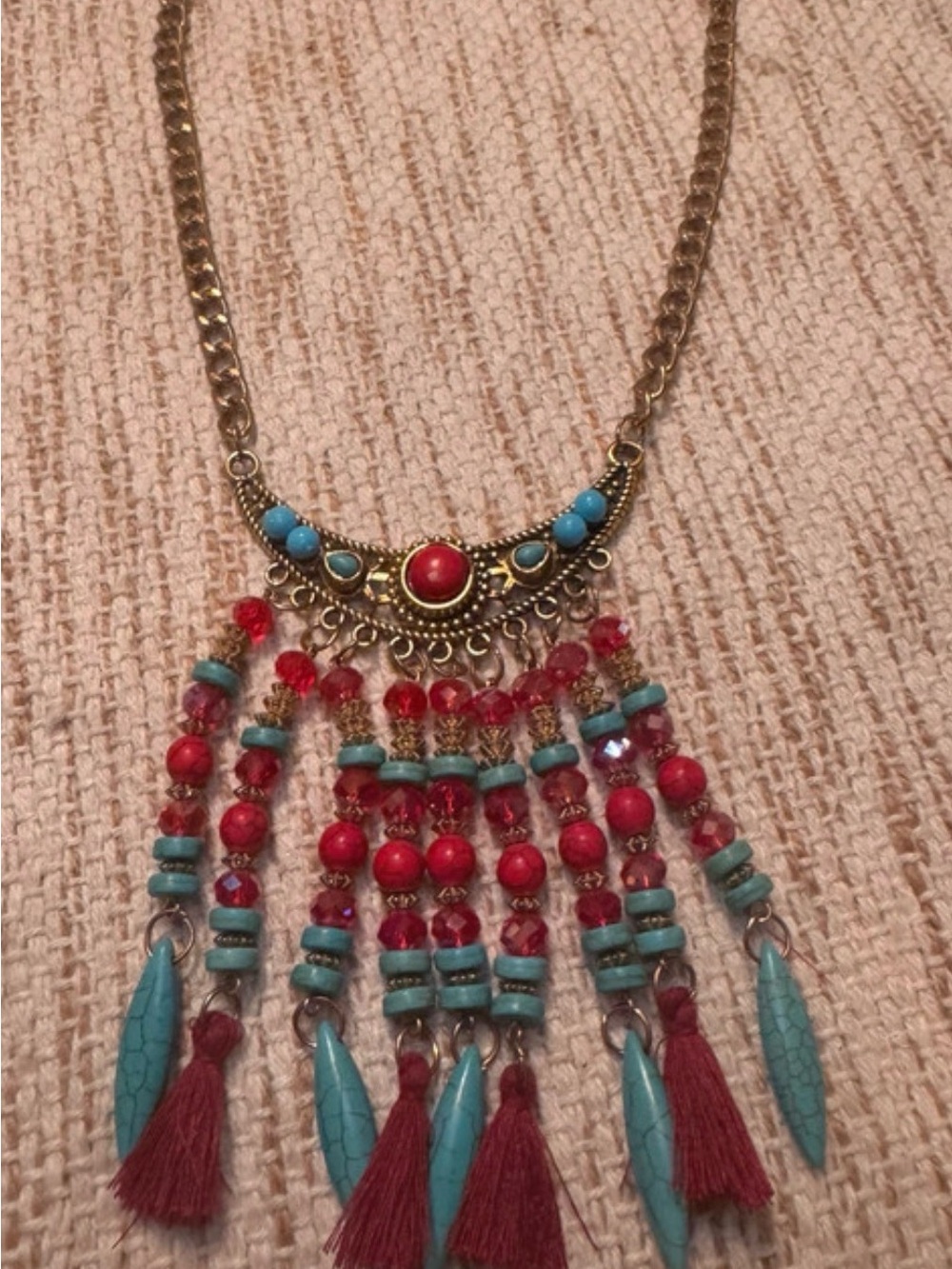 Boho Red and Turquoise Tassel Bib Necklace - Women Jewelry